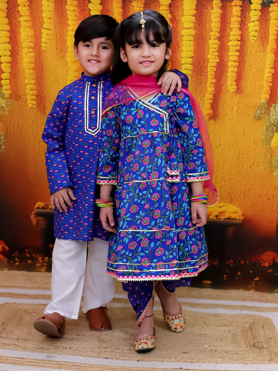 BownBee Pure Cotton Printed Kurta Pajama Set for Boys with Tier Anarkali Kurta Dhoti Dupatta Set for Girls