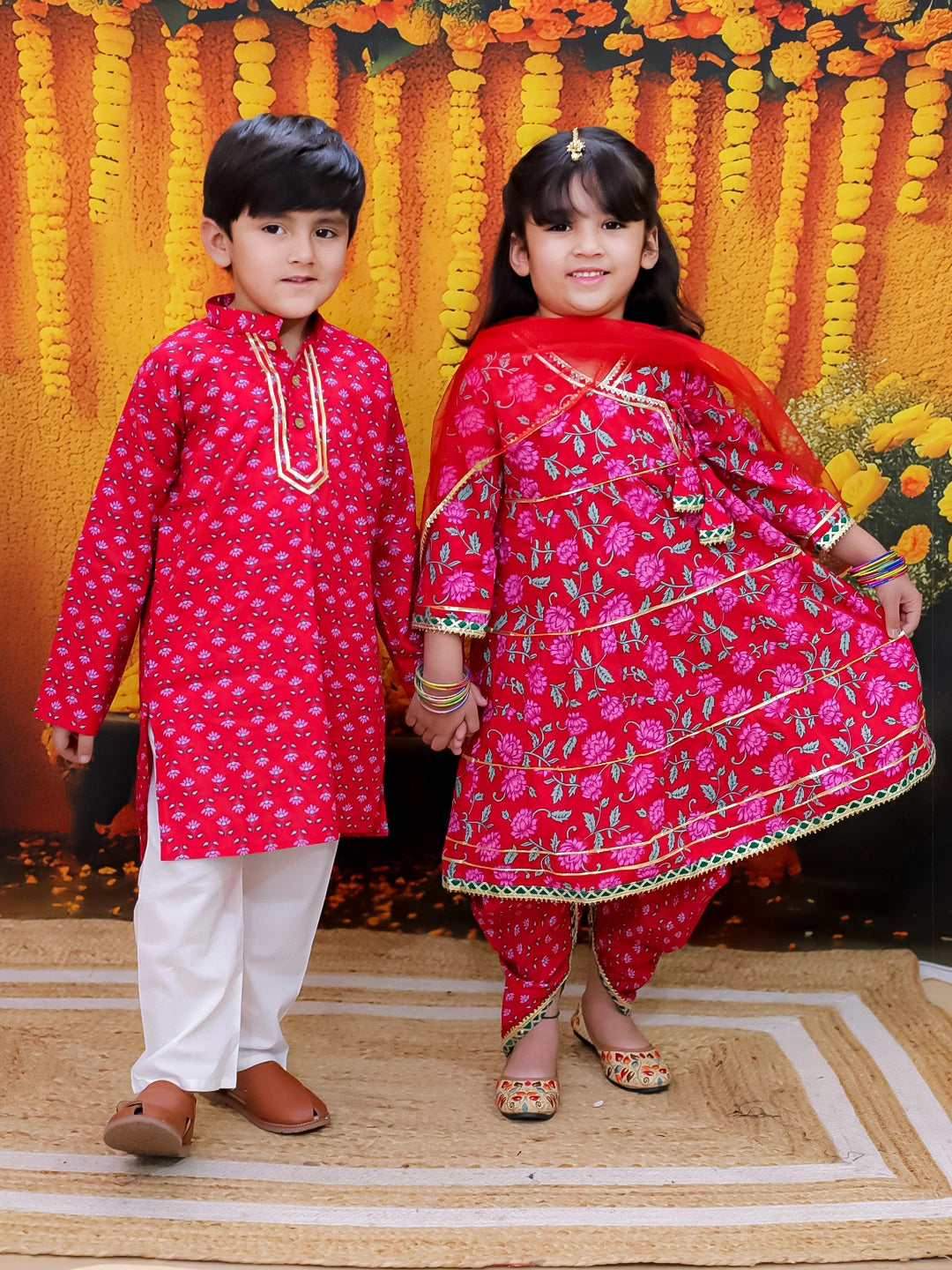 BownBee Pure Cotton Printed Kurta Pajama Set for Boys with Tier Anarkali Kurta Dhoti Dupatta Set for Girls