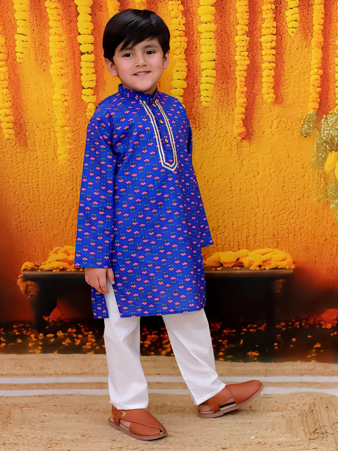 BownBee Full Sleeve Pure Cotton Straight Kurta Pajama For Boys - Blue