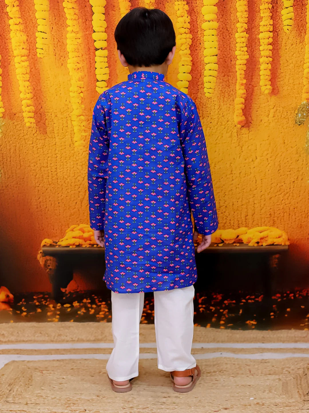 BownBee Full Sleeve Pure Cotton Straight Kurta Pajama For Boys - Blue
