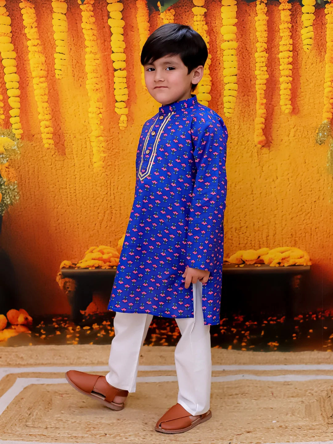 BownBee Full Sleeve Pure Cotton Straight Kurta Pajama For Boys - Blue