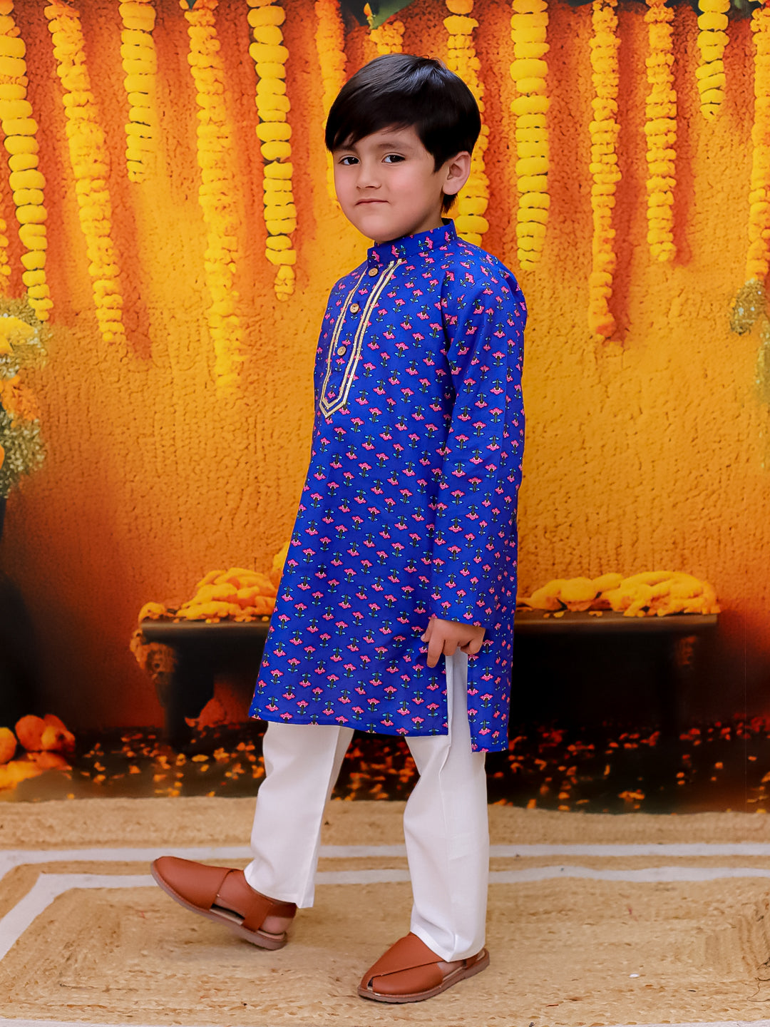 Bownbee Full Sleeve Pure Cotton Straight Kurta Pajama- Blue