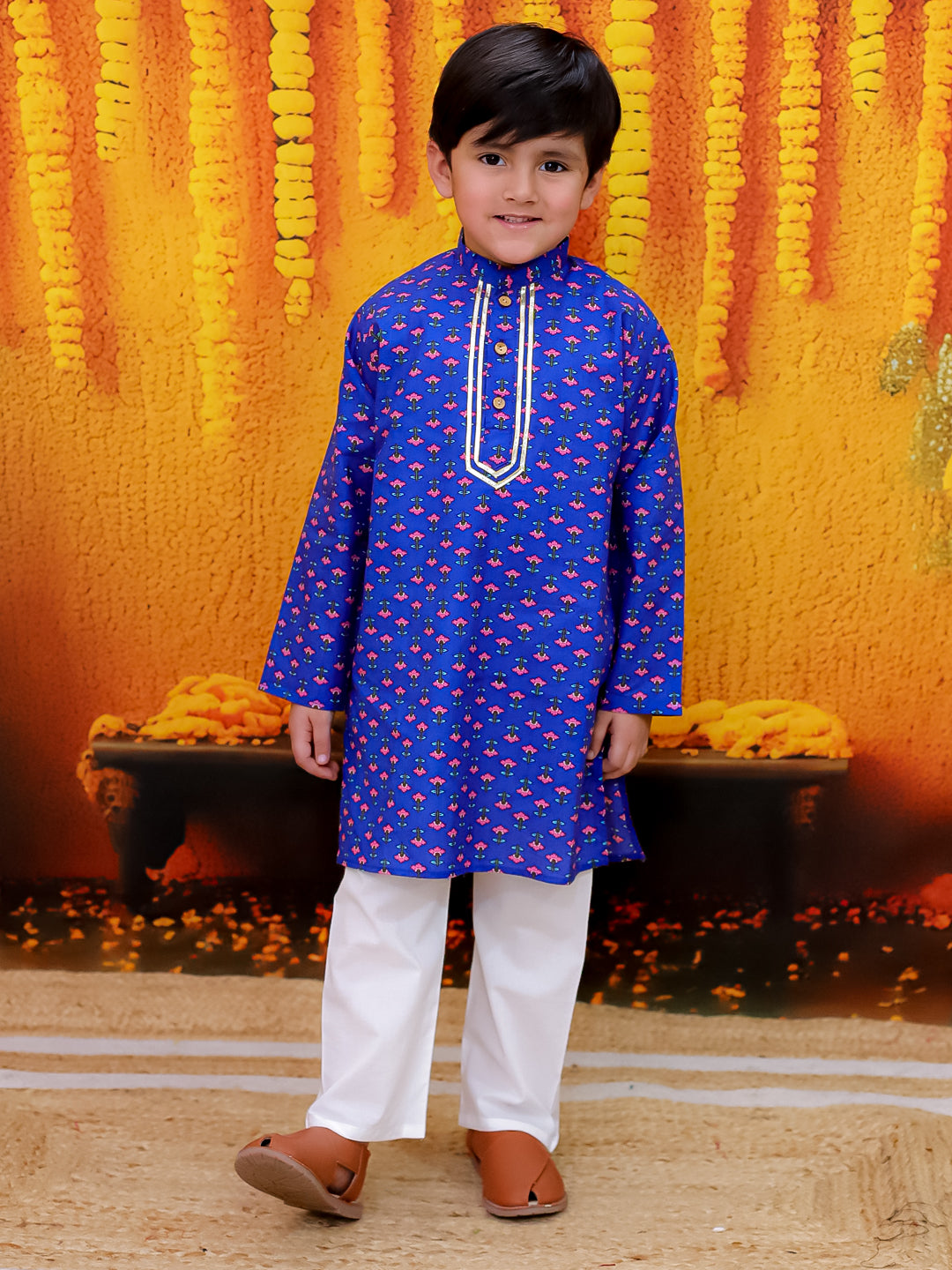 Bownbee Full Sleeve Pure Cotton Straight Kurta Pajama- Blue