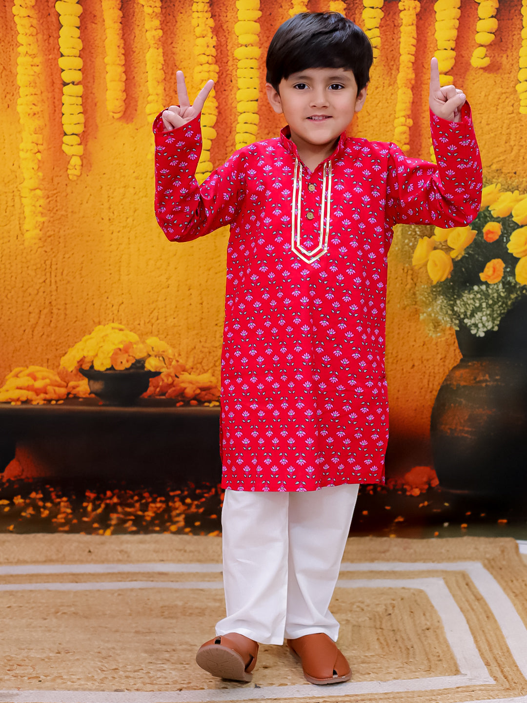 BownBee Pure Cotton Printed Kurta Pajama Set for Boys with Tier Anarkali Kurta Dhoti Dupatta Set for Girls - Red