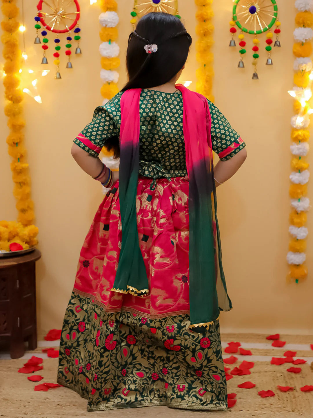 BownBee Jacquard Jacket Cotton Kurta Pajama Set with Jacquard Lehenga Choli Dupatta Set for Sibling