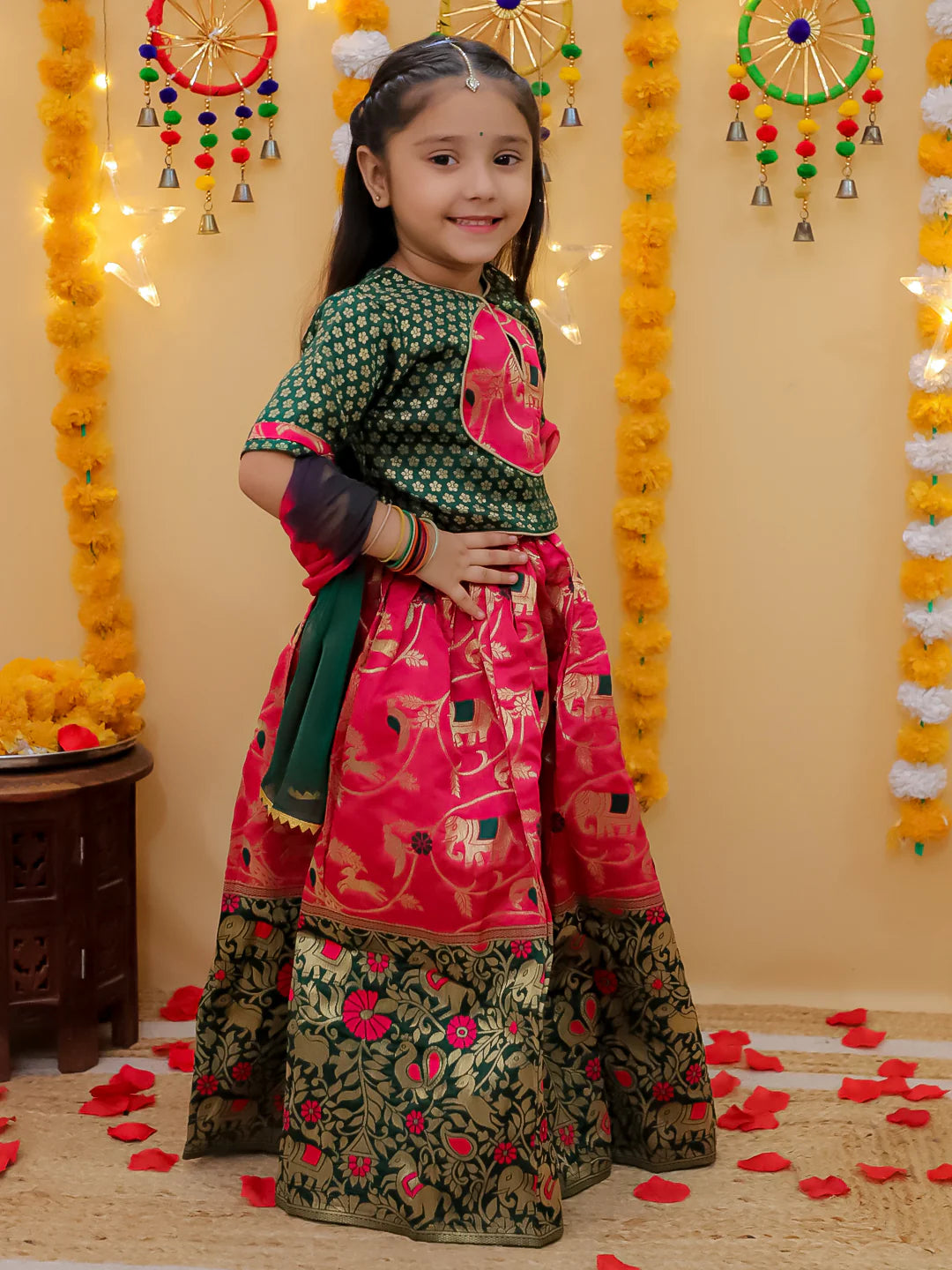BownBee Jacquard Jacket Cotton Kurta Pajama Set with Jacquard Lehenga Choli Dupatta Set for Sibling