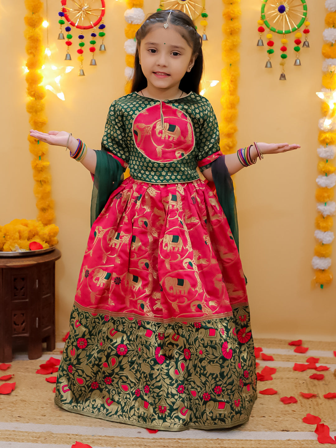 BownBee Jacquard Jacket Cotton Kurta Pajama Set for Boys with Jacquard Lehenga Choli Dupatta Set for Girl- Pink
