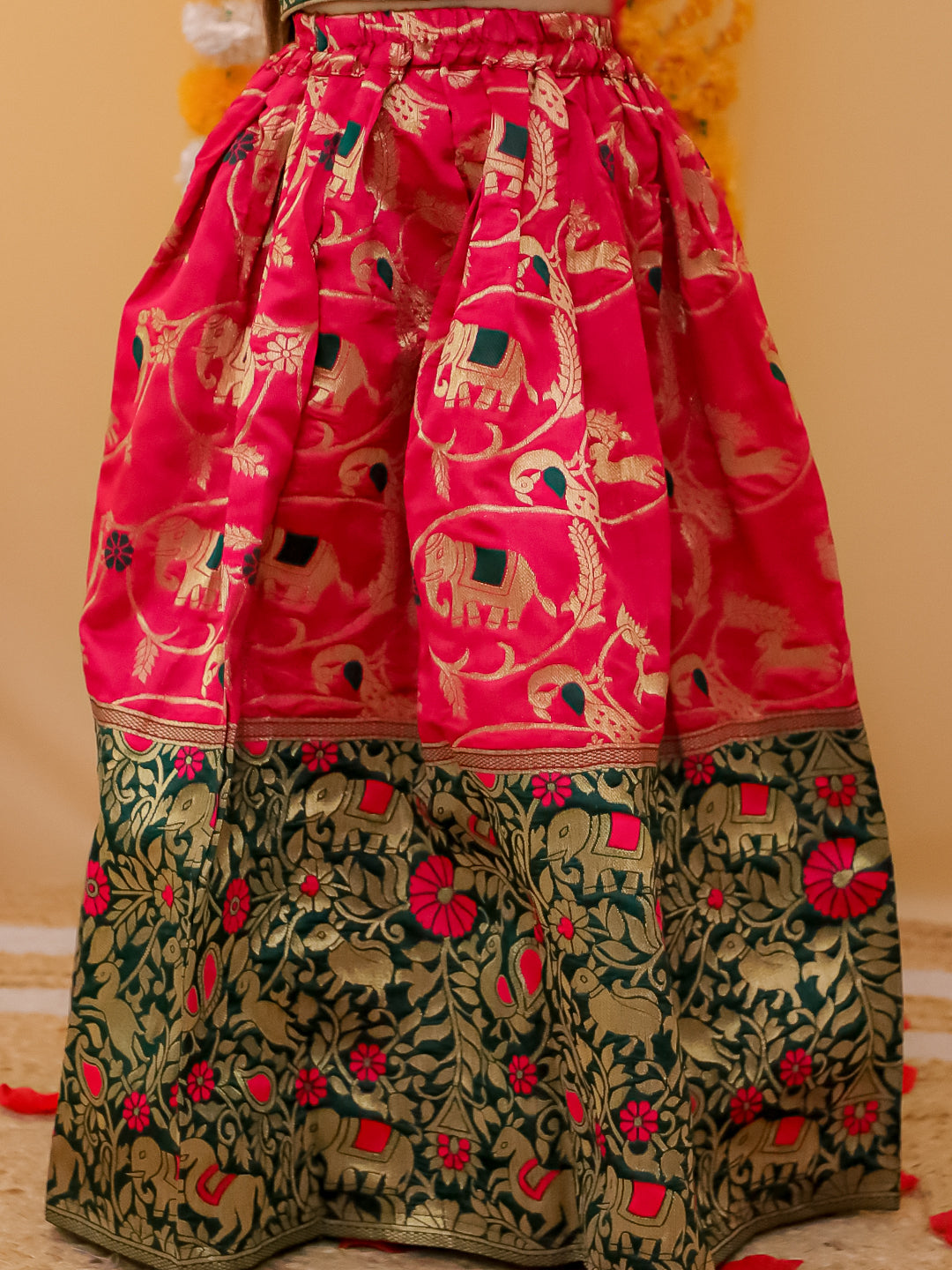 BownBee Jacquard Jacket Cotton Kurta Pajama Set for Boys with Jacquard Lehenga Choli Dupatta Set for Girl- Pink