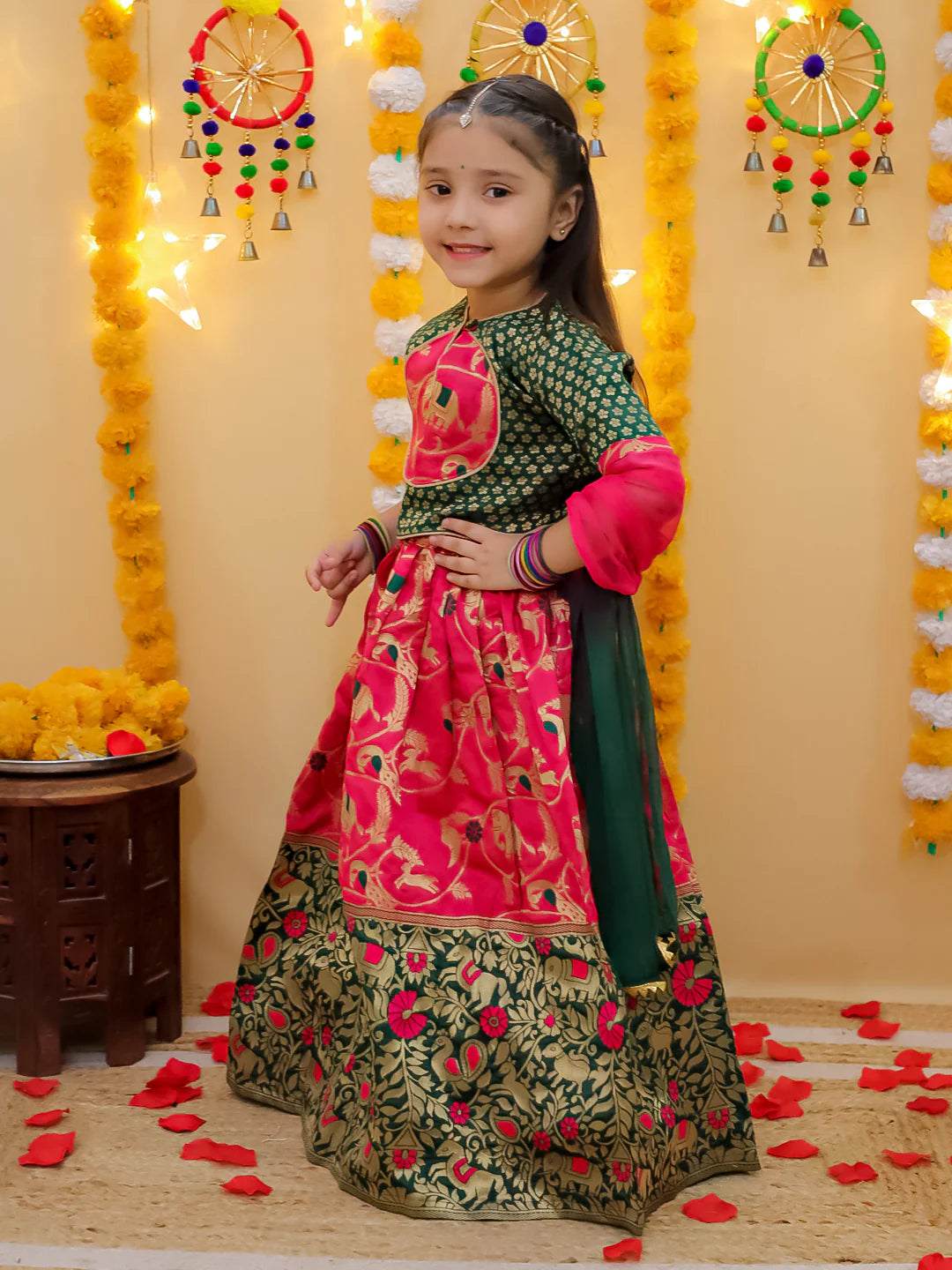 BownBee Jacquard Jacket Cotton Kurta Pajama Set with Jacquard Lehenga Choli Dupatta Set for Sibling