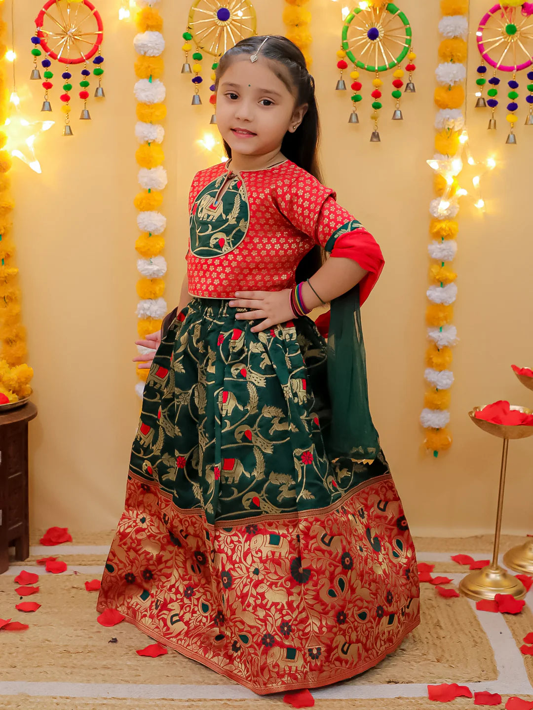BownBee Jacquard Lehenga with Patch Choli and Dupatta Set for Girls
