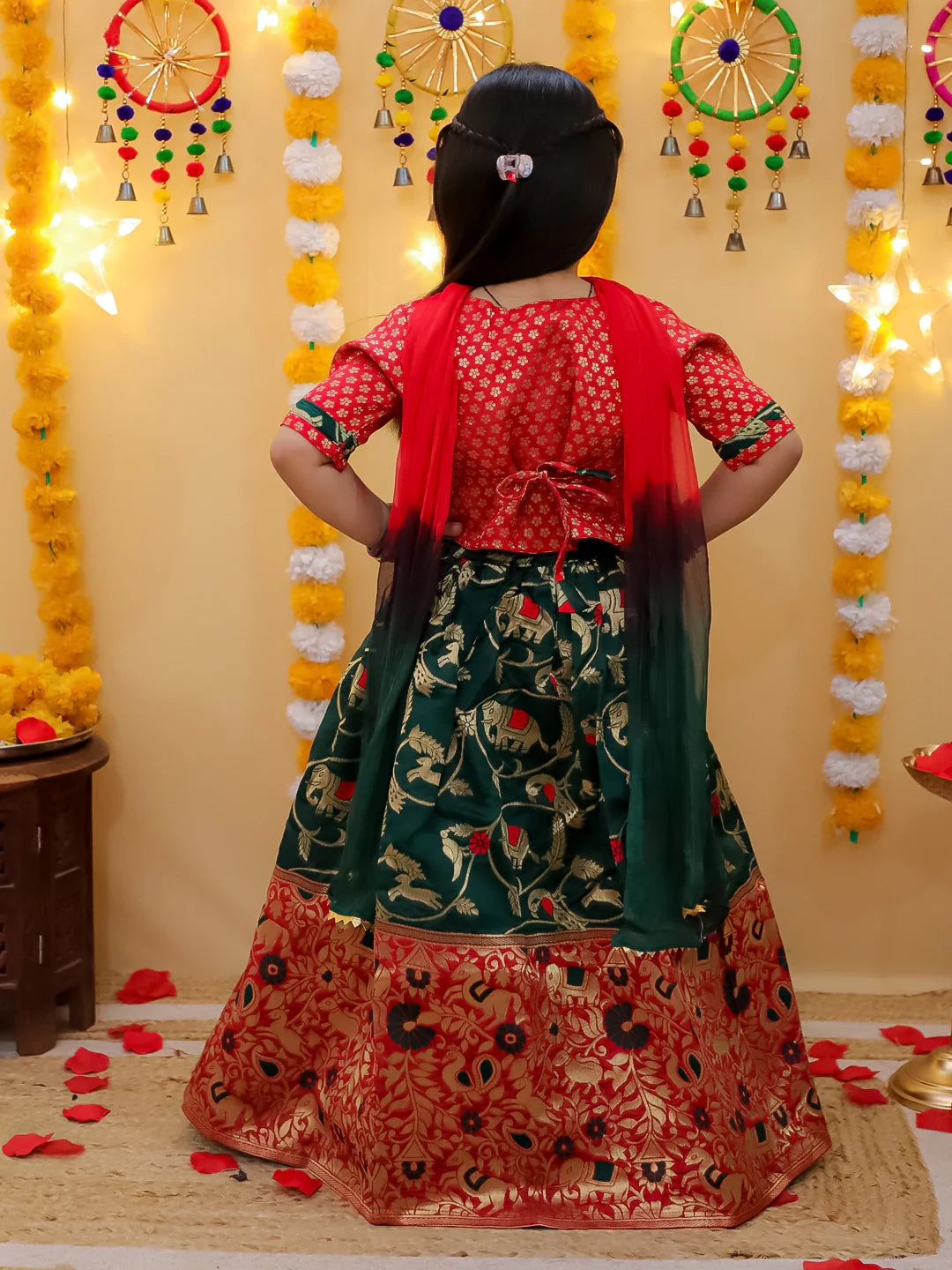BownBee Jacquard Lehenga with Patch Choli and Dupatta Set for Girls