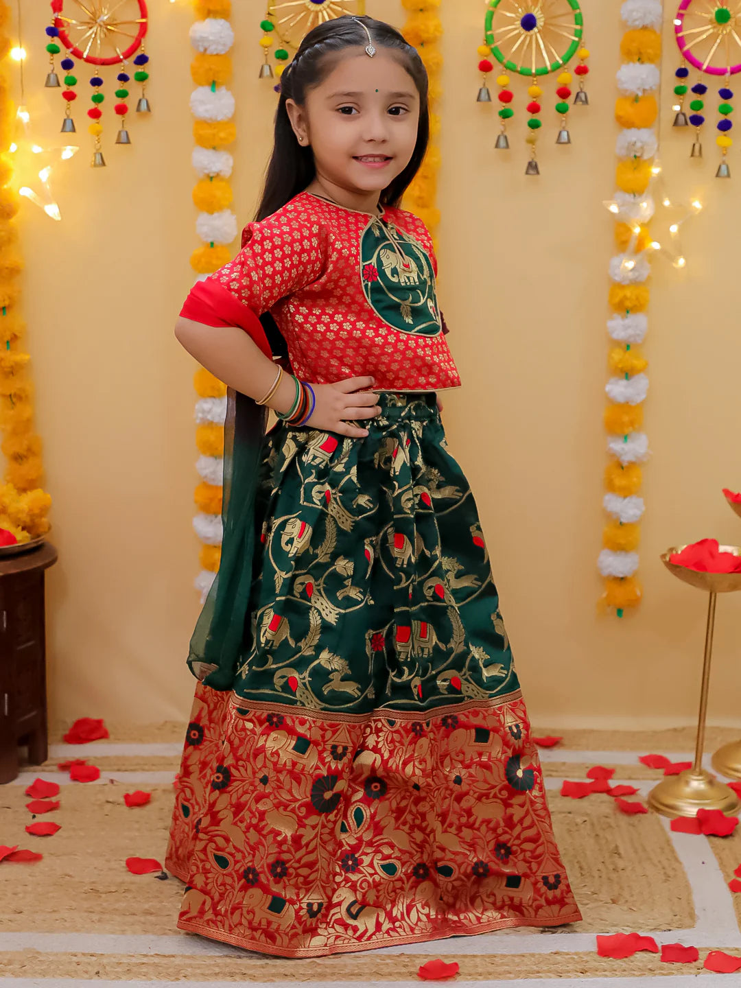 BownBee Jacquard Lehenga with Patch Choli and Dupatta Set for Girls