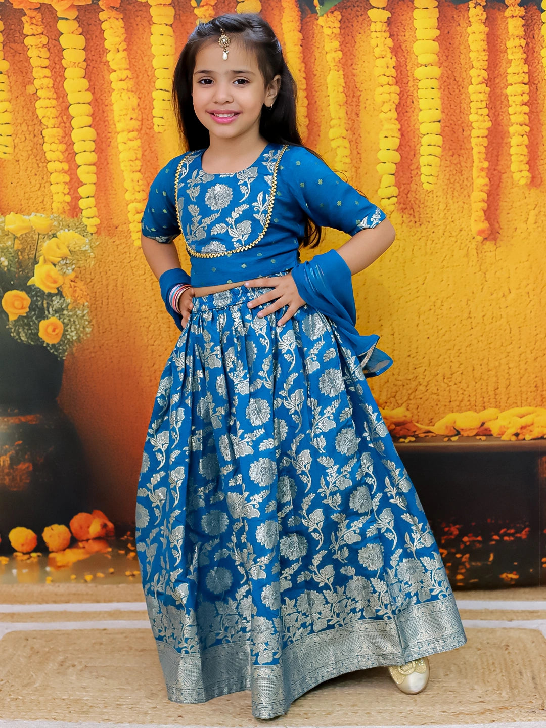 BownBee Jacquard Lehenga with Patch Choli and Dupatta Set for Girls