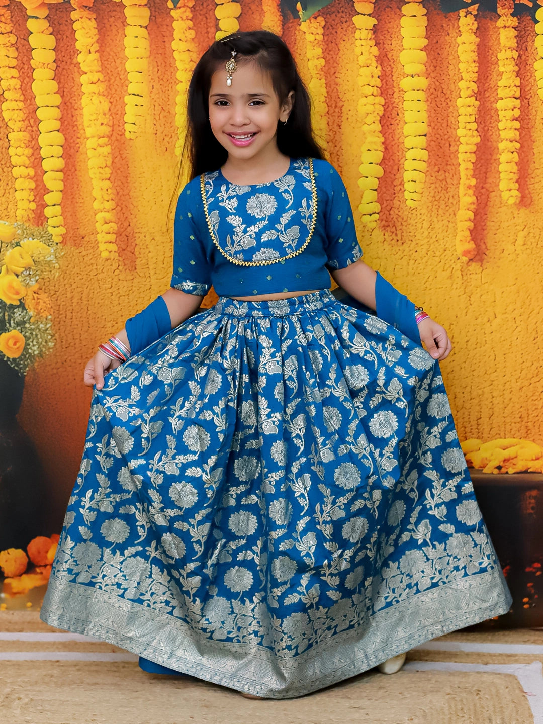 BownBee Jacquard Lehenga with Patch Choli and Dupatta Set for Girls