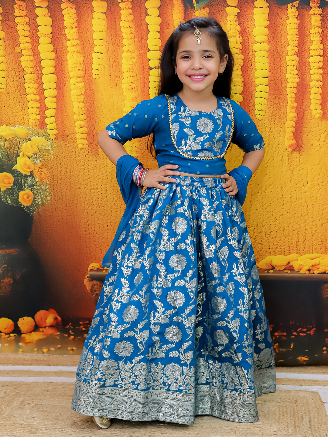 BownBee Jacquard Lehenga with Patch Choli and Dupatta Set for Girls - Blue