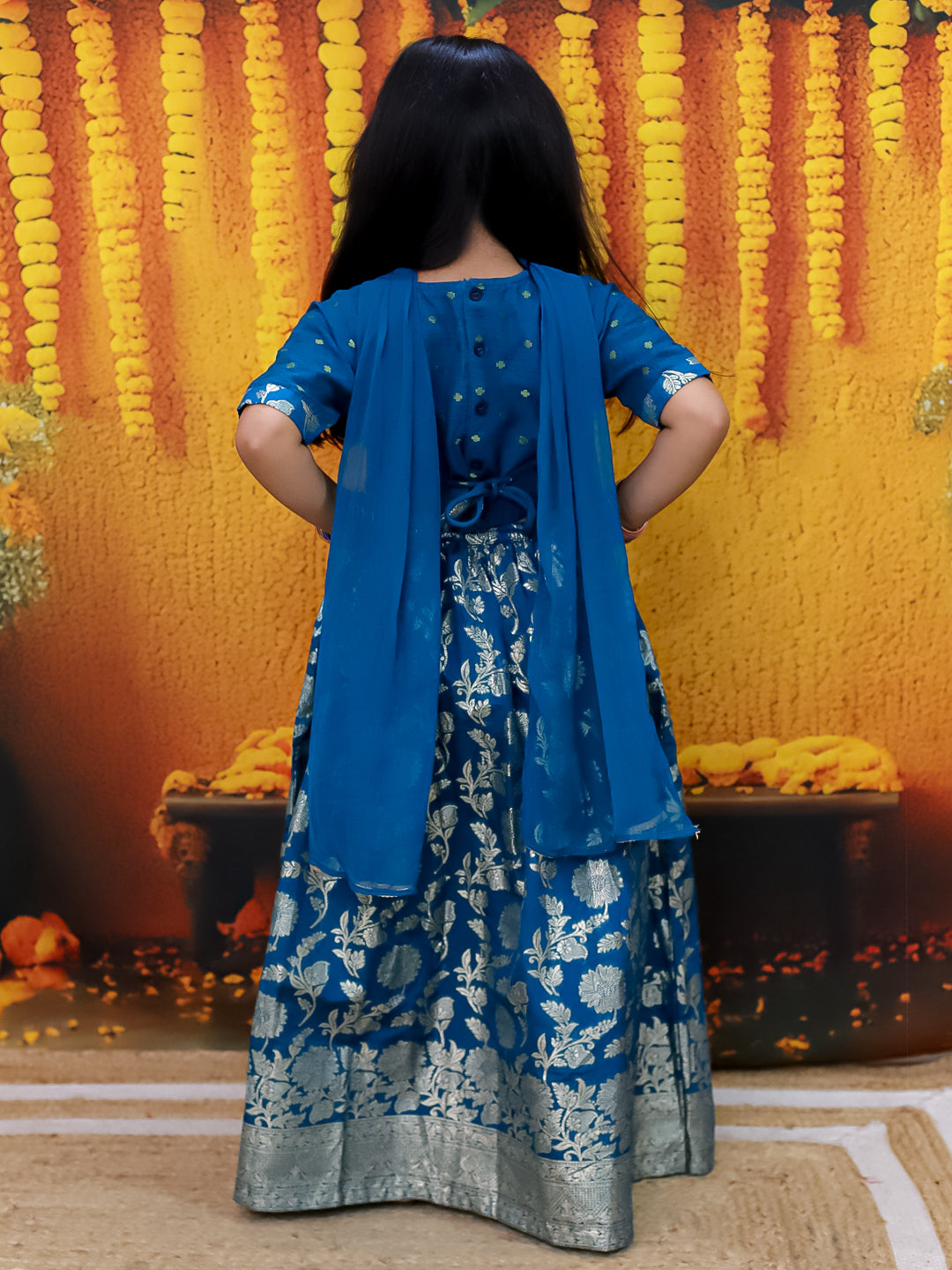 BownBee Jacquard Lehenga with Patch Choli and Dupatta Set for Girls - Blue