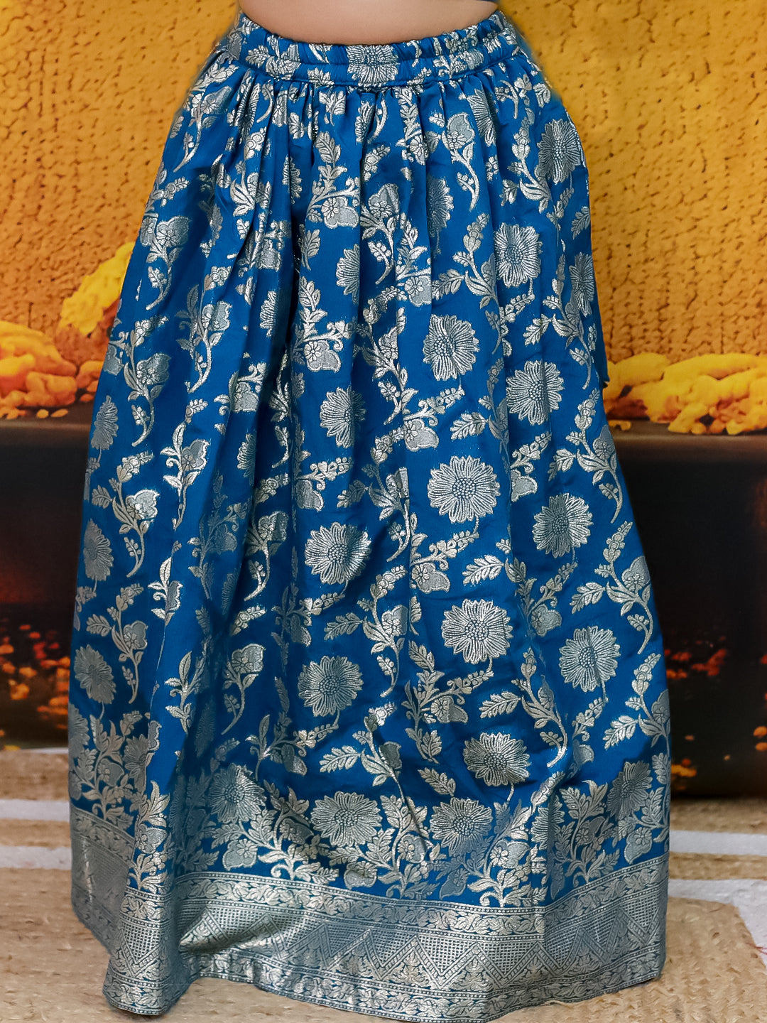 BownBee Jacquard Lehenga with Patch Choli and Dupatta Set for Girls - Blue