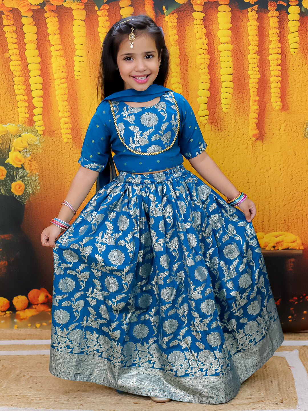 BownBee Jacquard Lehenga with Patch Choli and Dupatta Set for Girls - Blue
