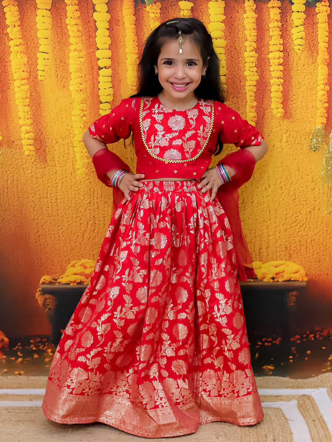 BownBee Jacquard Lehenga with Patch Choli and Dupatta Set for Girls- Red