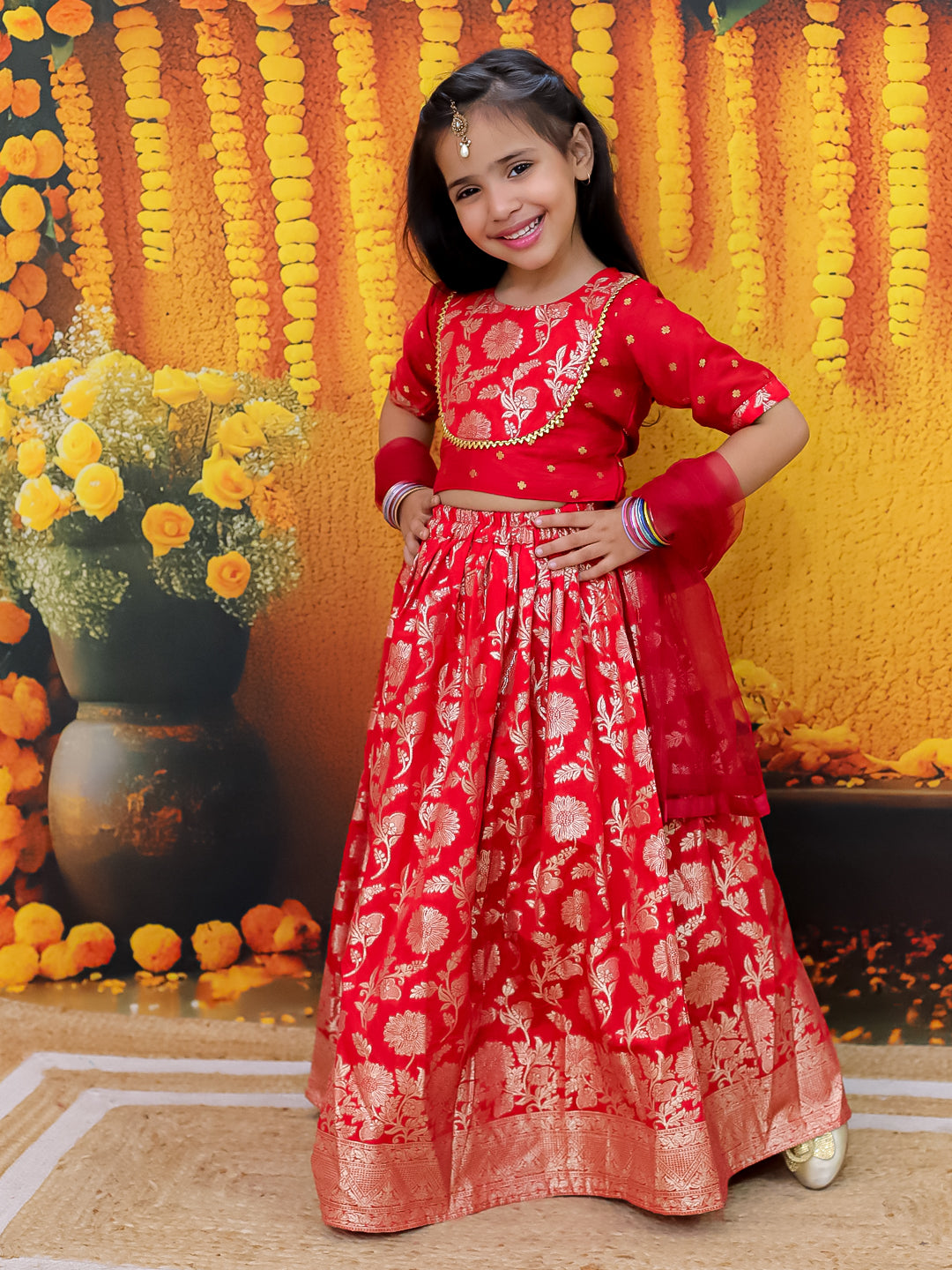 BownBee Jacquard Lehenga with Patch Choli and Dupatta Set for Girls- Red