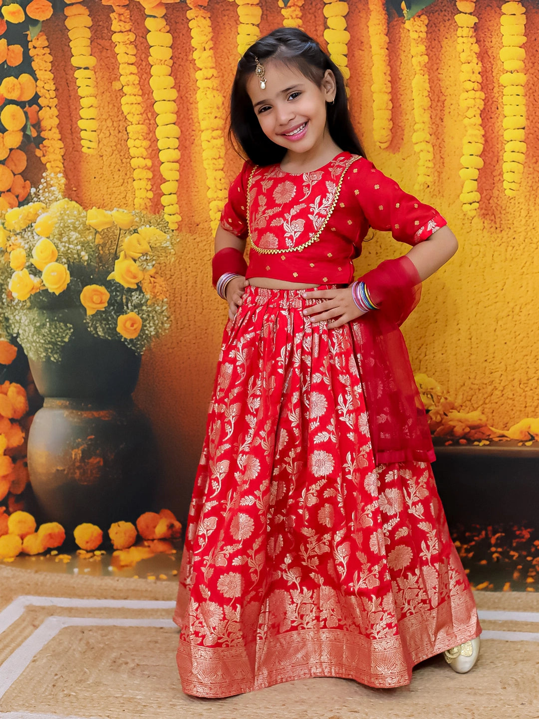 BownBee Jacquard Lehenga with Patch Choli and Dupatta Set for Girls