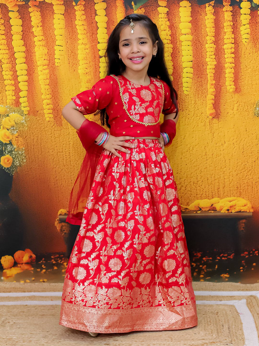 BownBee Jacquard Lehenga with Patch Choli and Dupatta Set for Girls- Red
