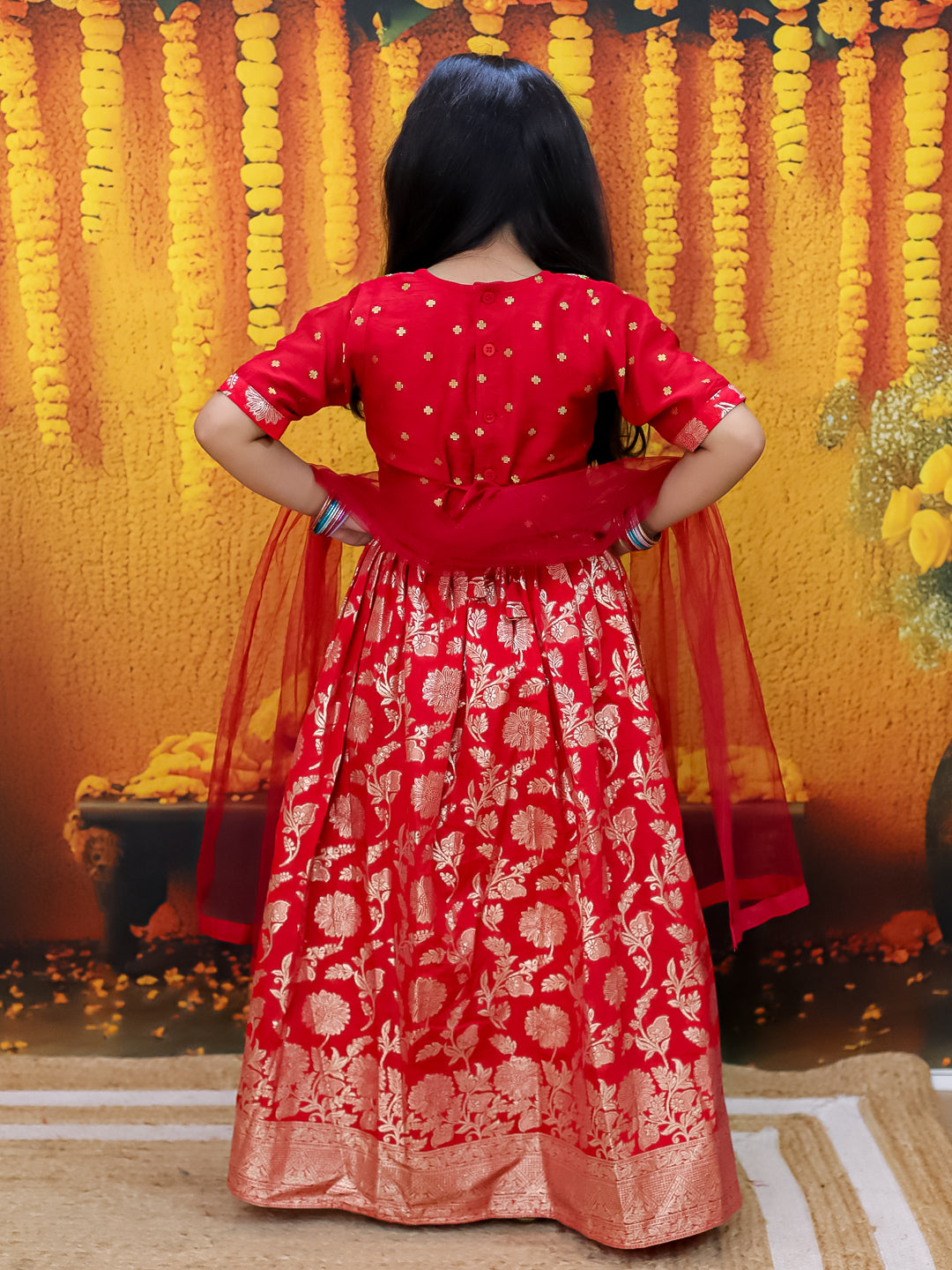 BownBee Jacquard Lehenga with Patch Choli and Dupatta Set for Girls- Red