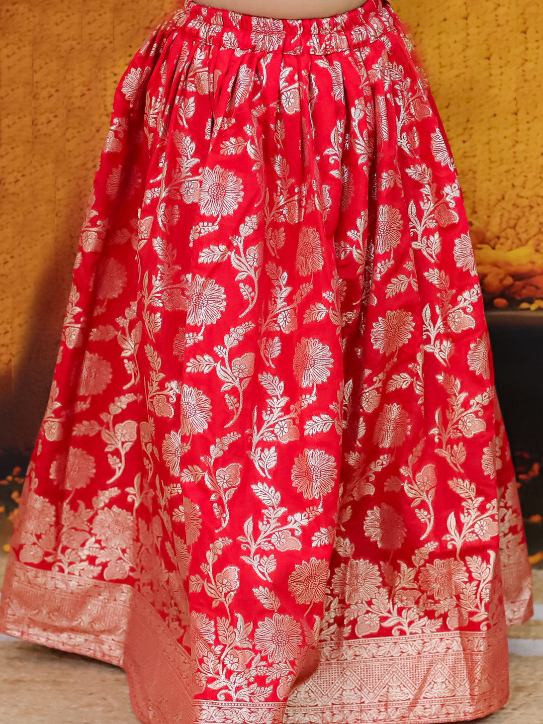 BownBee Jacquard Lehenga with Patch Choli and Dupatta Set for Girls- Red