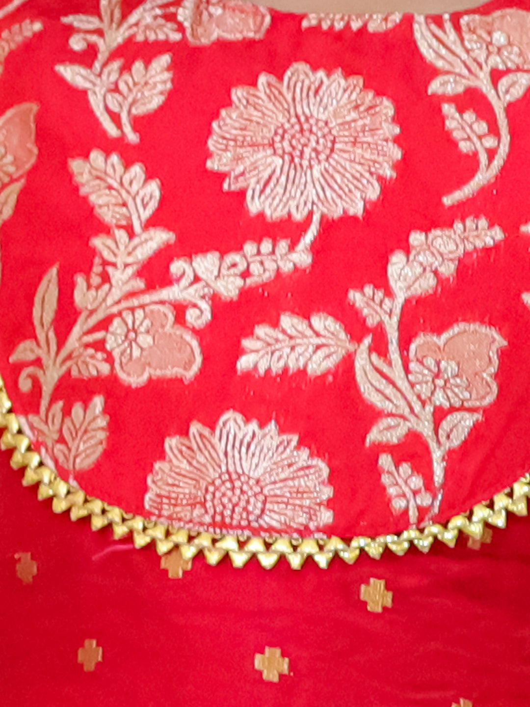 BownBee Jacquard Lehenga with Patch Choli and Dupatta Set for Girls- Red