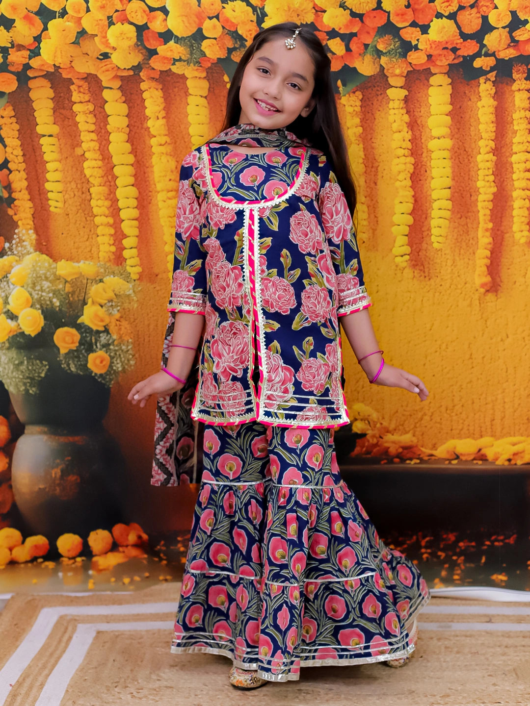 BownBee Pure Cotton Kurta Pajama Printed Jacket Set for Boys with Printed Kurta Sharara Dupatta Set for Girls