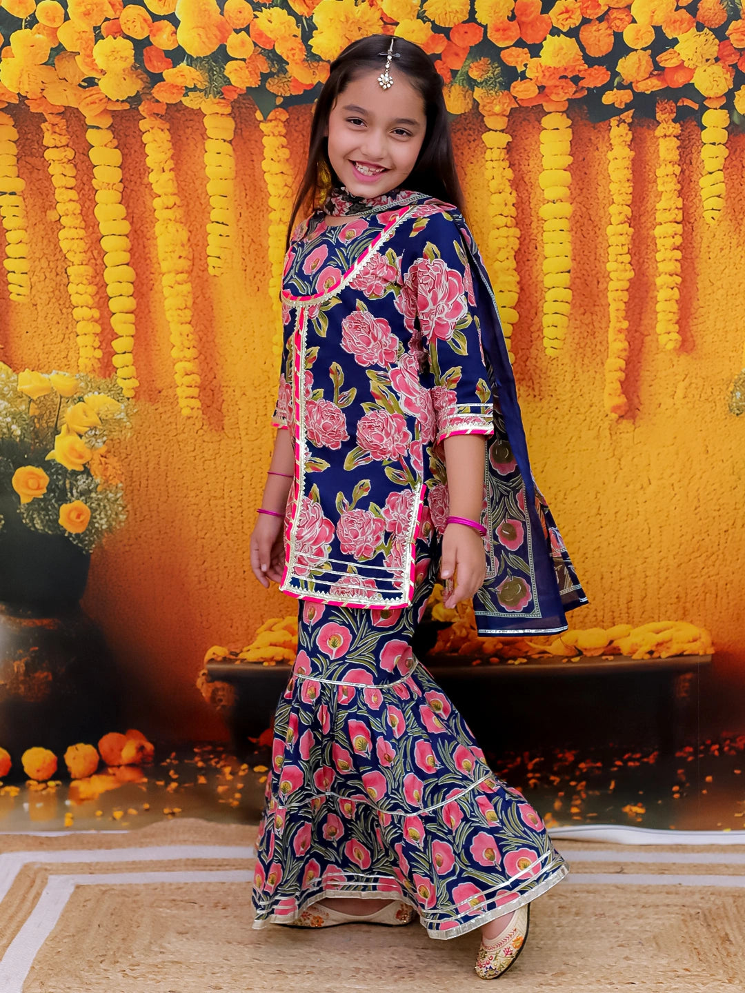 BownBee Pure Cotton Kurta Pajama Printed Jacket Set for Boys with Printed Kurta Sharara Dupatta Set for Girls