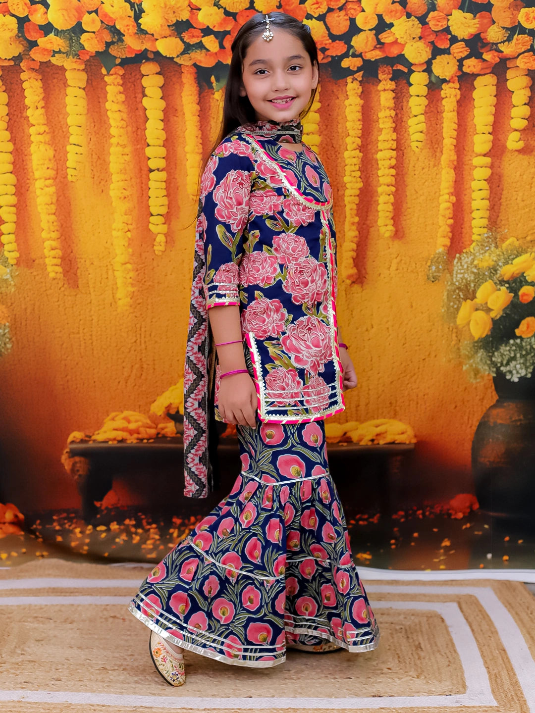 BownBee Pure Cotton Kurta Pajama Printed Jacket Set for Boys with Printed Kurta Sharara Dupatta Set for Girls