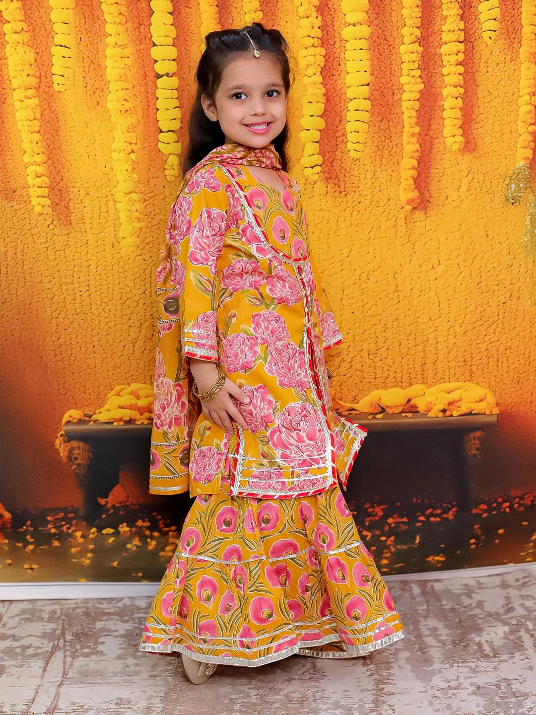 BownBee Pure Cotton Printed Kurta Sharara with Dupatta for Girls