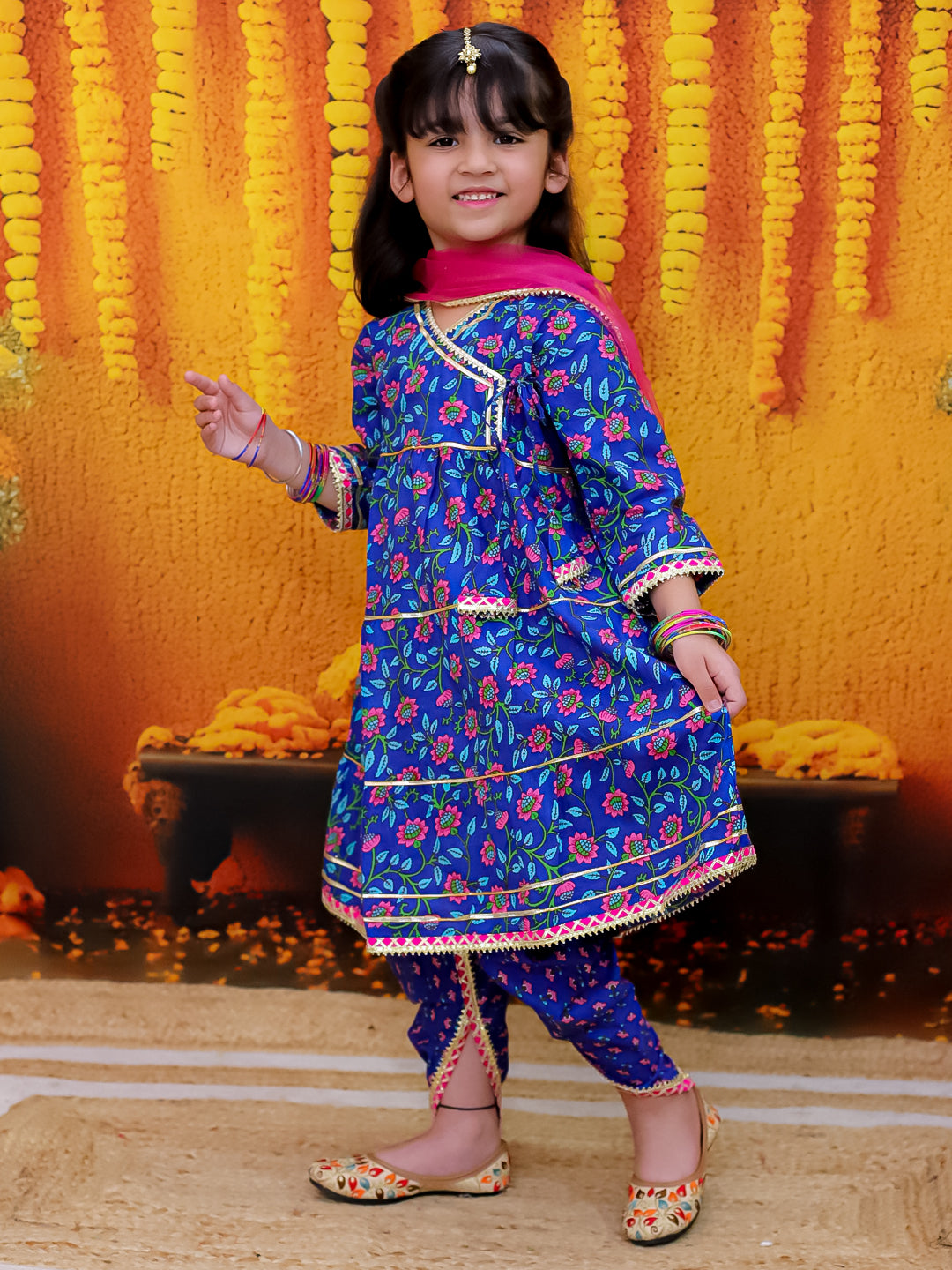 BownBee 3/4th Sleeve Pure Cotton Printed Suit Set with Dupatta For Girls  - Blue