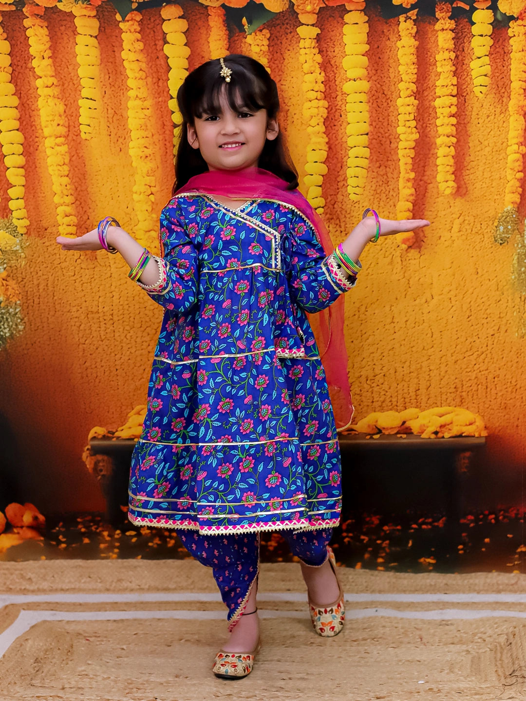 Bownbee 3/4th Sleeve Pure Cotton Tier Kurta Dhoti with Dupatta