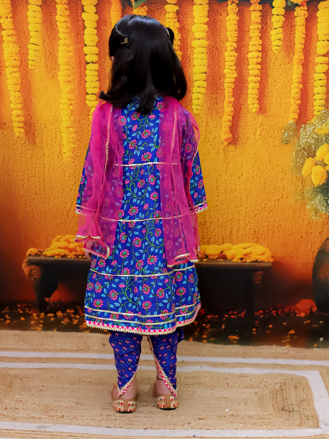 Bownbee 3/4th Sleeve Pure Cotton Tier Kurta Dhoti with Dupatta
