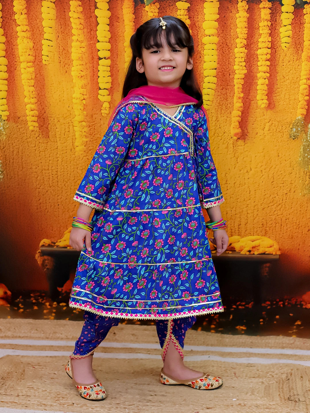 Bownbee 3/4th Sleeve Pure Cotton Tier Kurta Dhoti with Dupatta