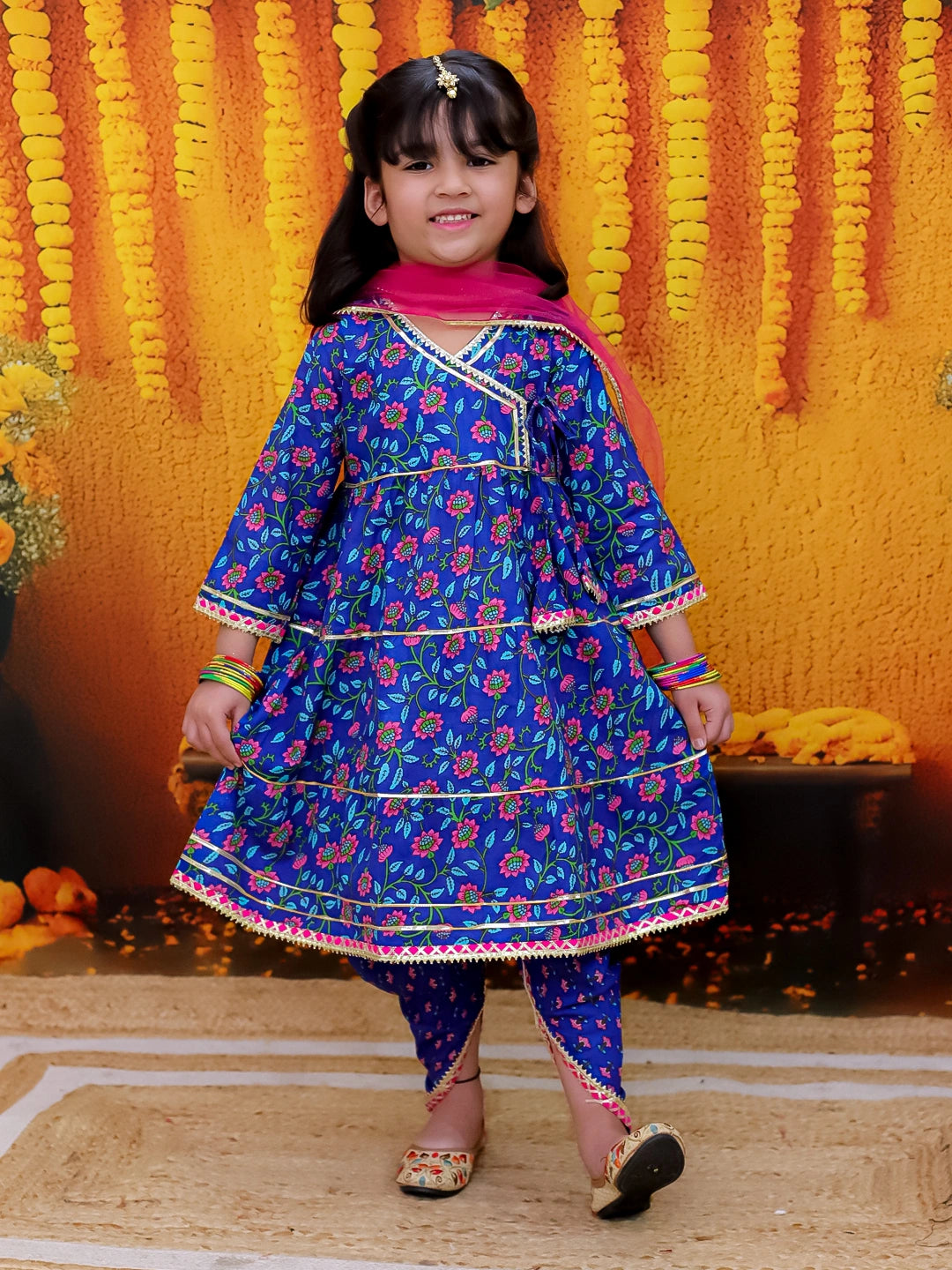Bownbee 3/4th Sleeve Pure Cotton Tier Kurta Dhoti with Dupatta