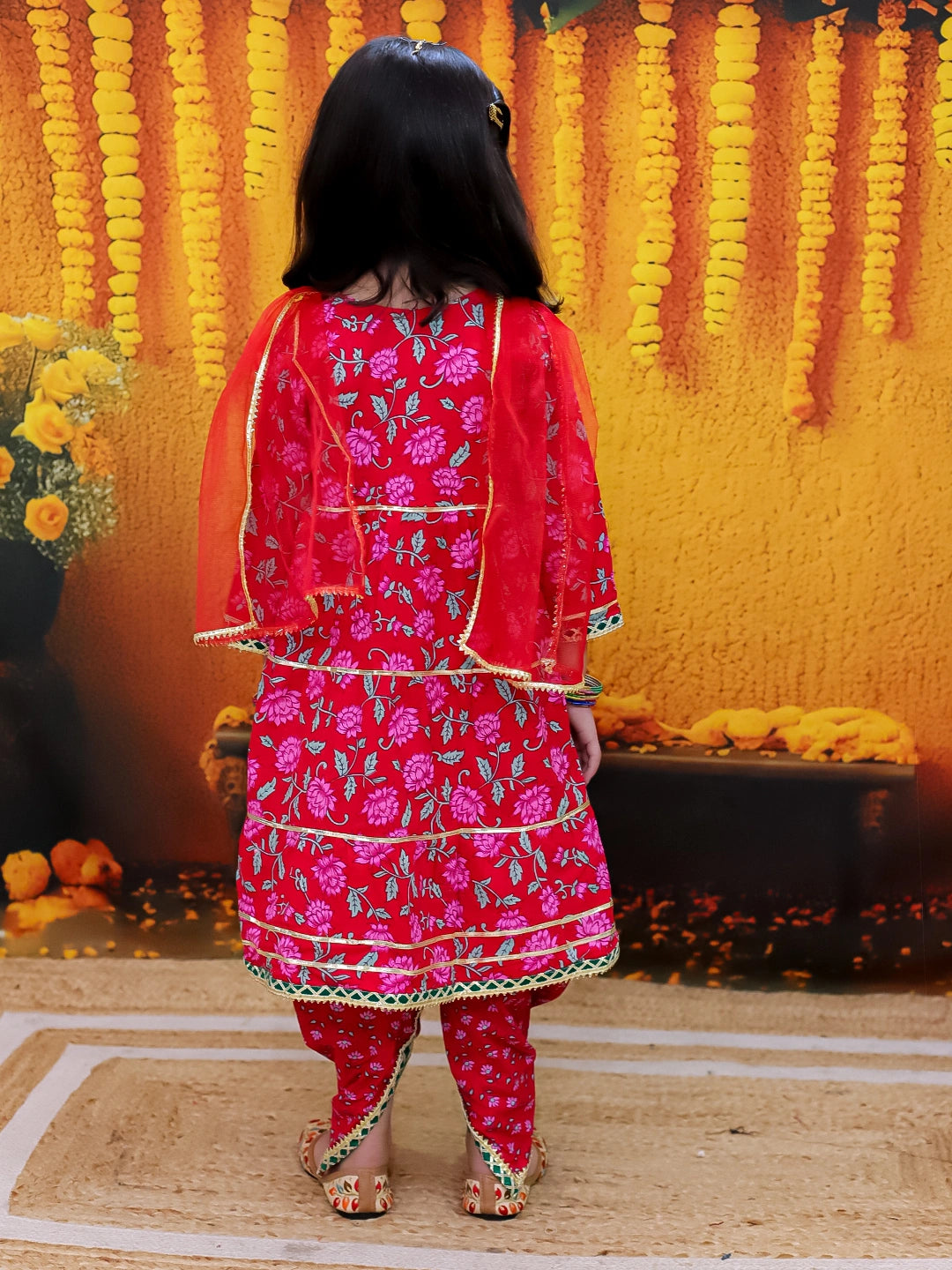 Bownbee 3/4th Sleeve Pure Cotton Tier Kurta Dhoti with Dupatta