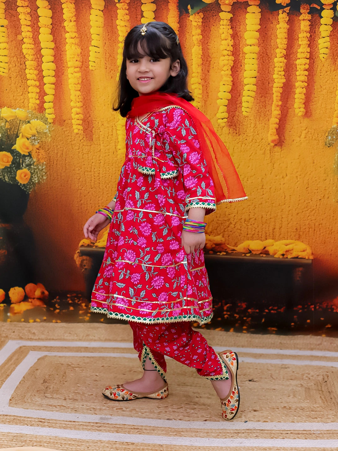 Bownbee 3/4th Sleeve Pure Cotton Tier Kurta Dhoti with Dupatta