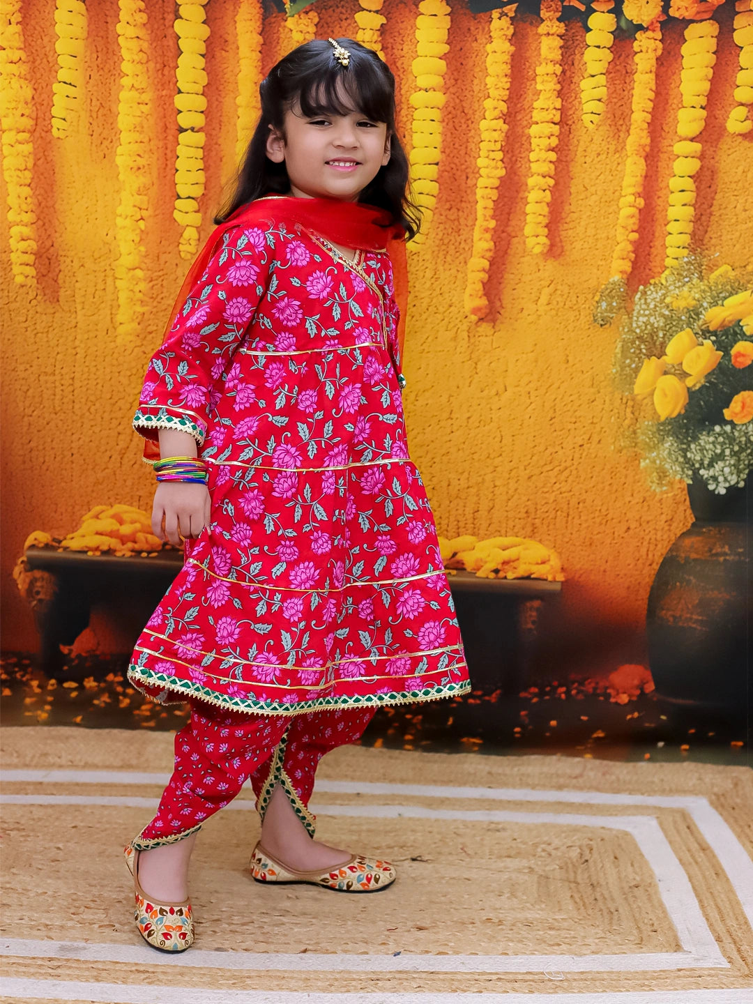 Bownbee 3/4th Sleeve Pure Cotton Tier Kurta Dhoti with Dupatta