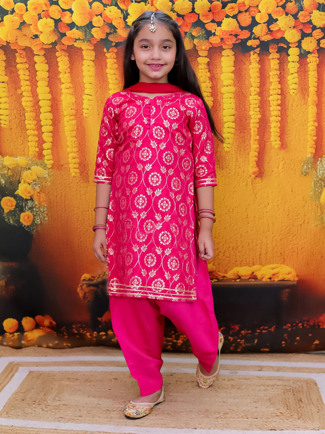 BownBee 3/4th Sleeve Chanderi Jacquard Kurti Salwar with Dupatta For Girls