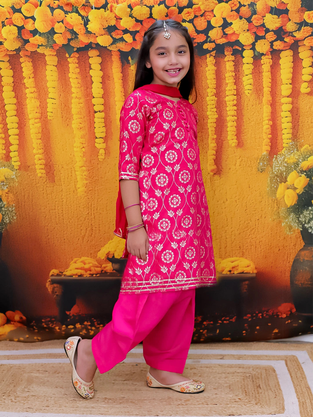 BownBee 3/4th Sleeve Chanderi Jacquard Kurti Salwar with Dupatta For Girls