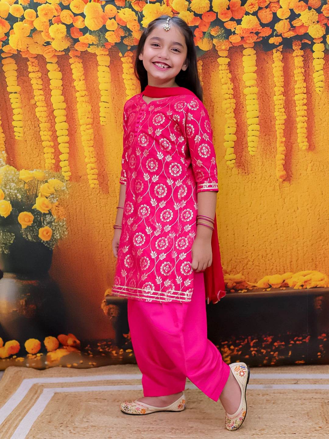 BownBee 3/4th Sleeve Chanderi Jacquard Kurti Salwar with Dupatta For Girls