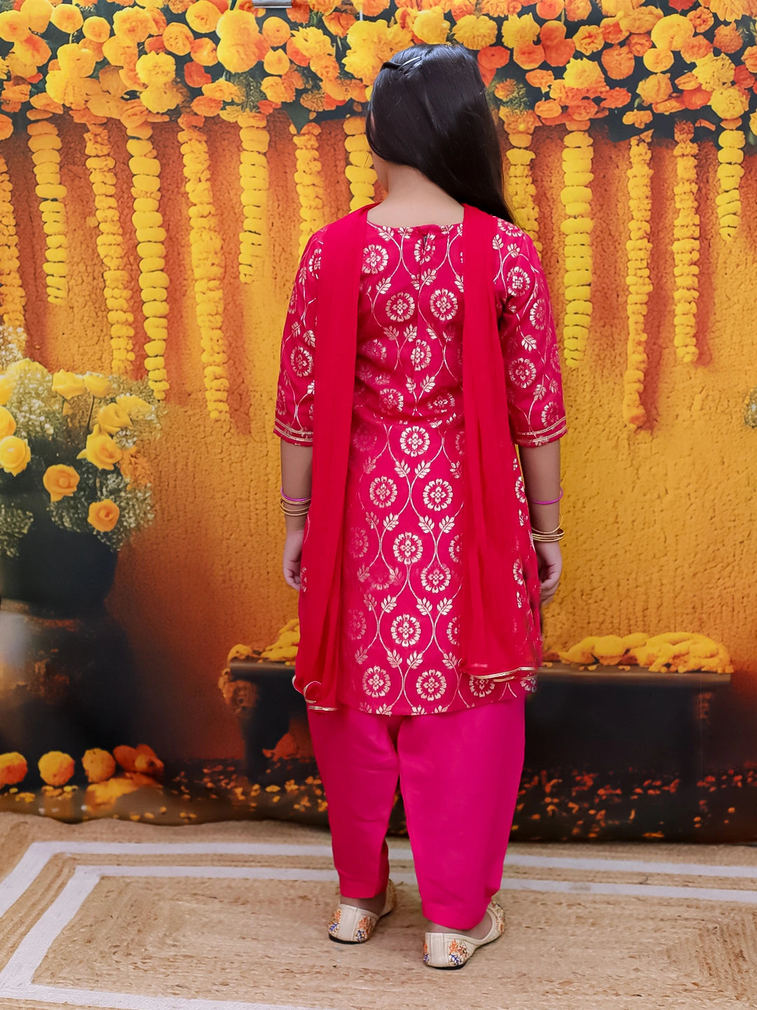 BownBee 3/4th Sleeve Chanderi Jacquard Kurti Salwar with Dupatta For Girls
