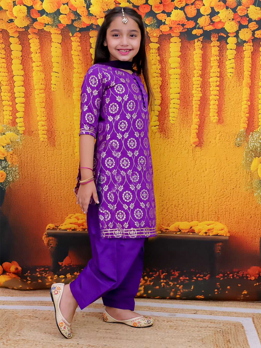 BownBee 3/4th Sleeve Chanderi Jacquard Kurti Salwar with Dupatta For Girls