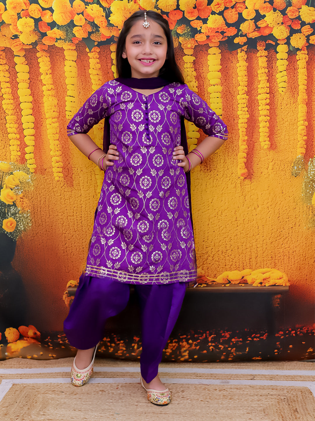 BownBee Chanderi Elbow Sleeves Salwar Suit With Dupatta Set For Girls -Purple