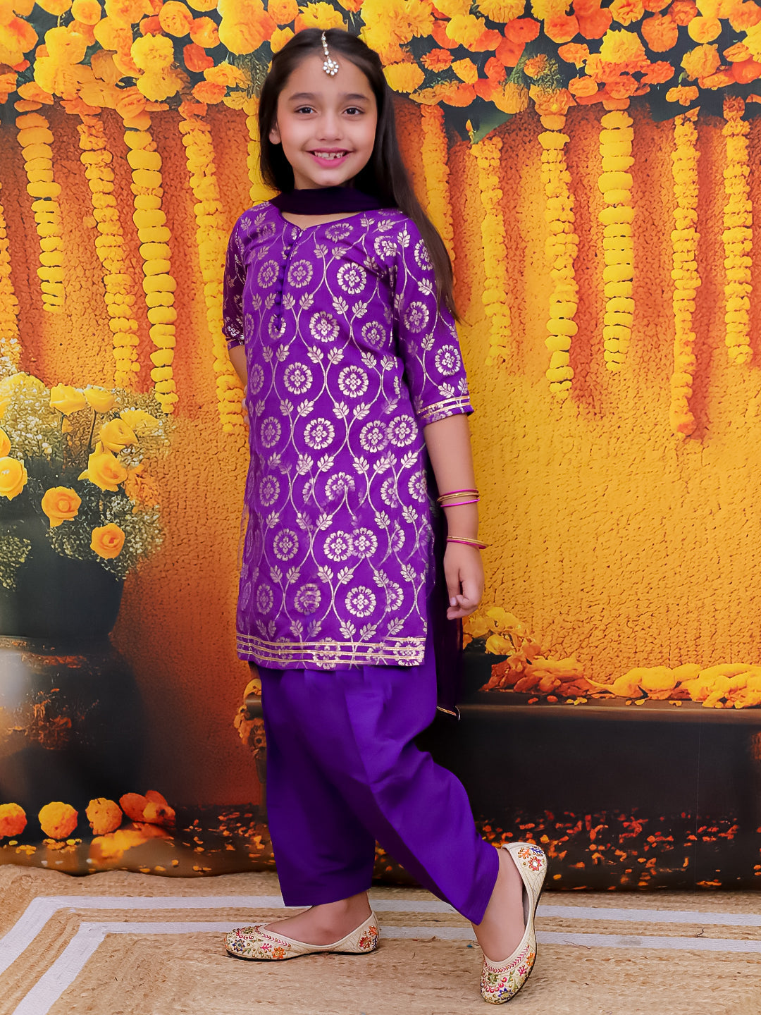 BownBee Chanderi Elbow Sleeves Salwar Suit With Dupatta Set For Girls -Purple