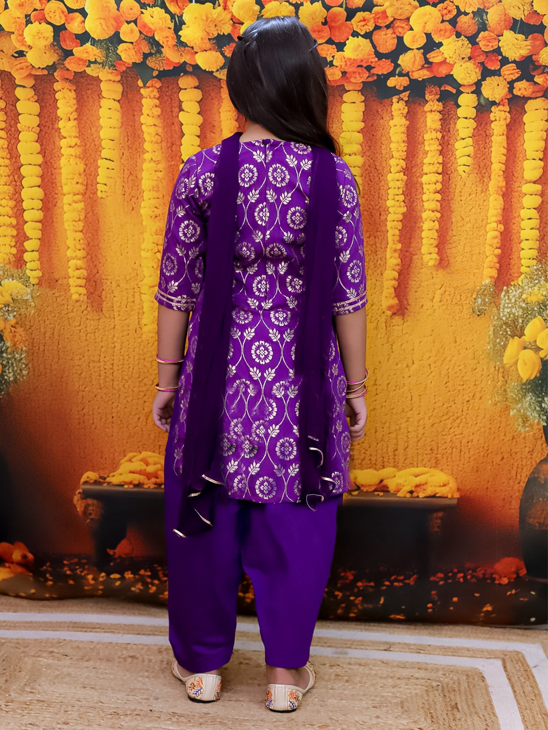 BownBee Chanderi Elbow Sleeves Salwar Suit With Dupatta Set For Girls -Purple