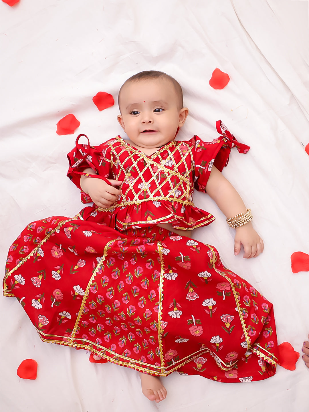 BownBee Pure Cotton Back Open Choli With Lehenga For Girls - Red